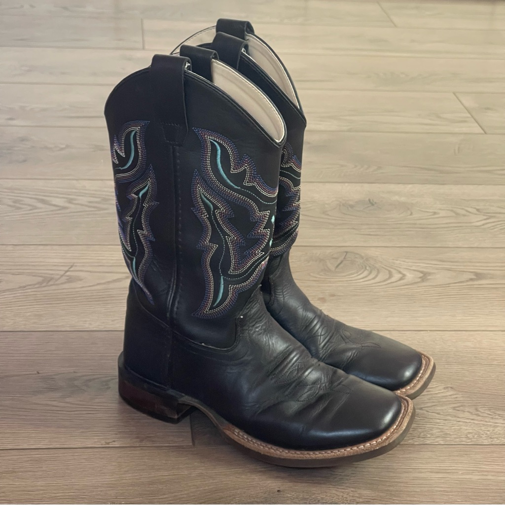 Old West Kids Size 4 Black Square Toe Leather Western Boots Bsy1896